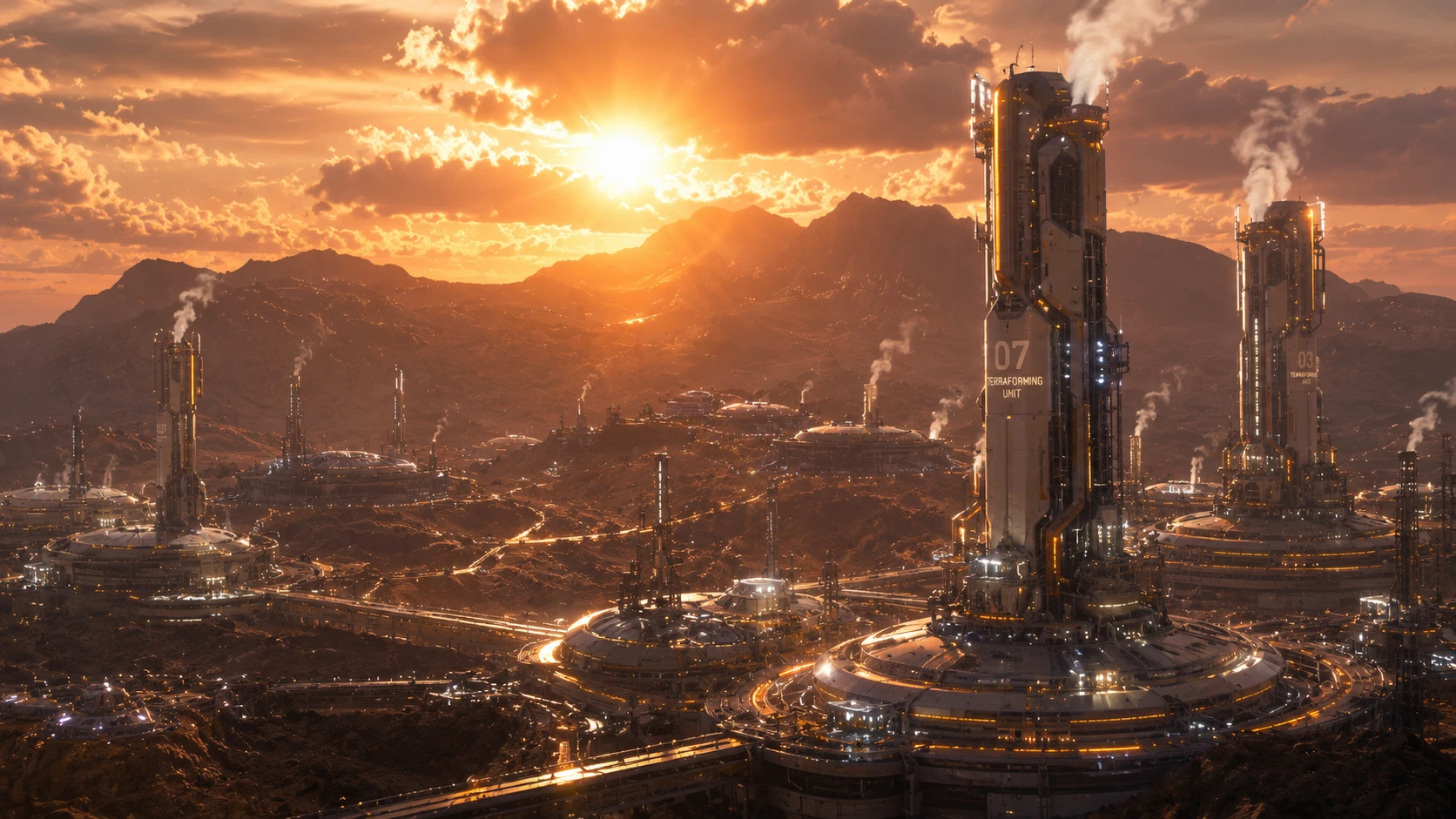 Terraforming factories working across a mountain basin