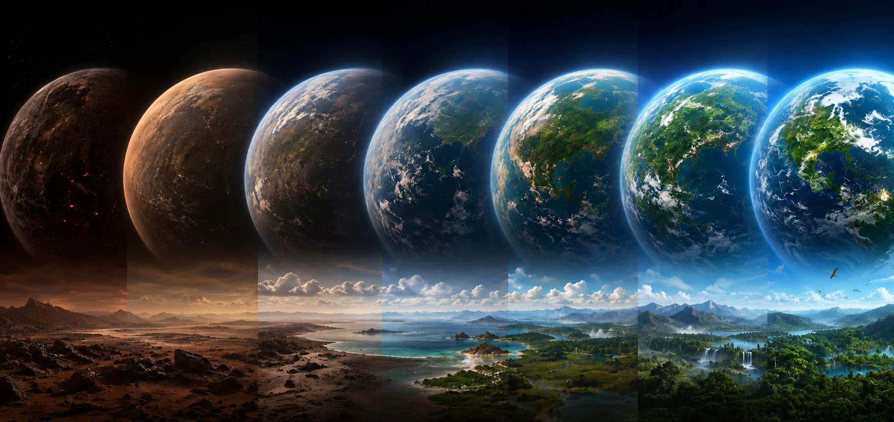Planetary stages of terraforming from barren rock to blue world