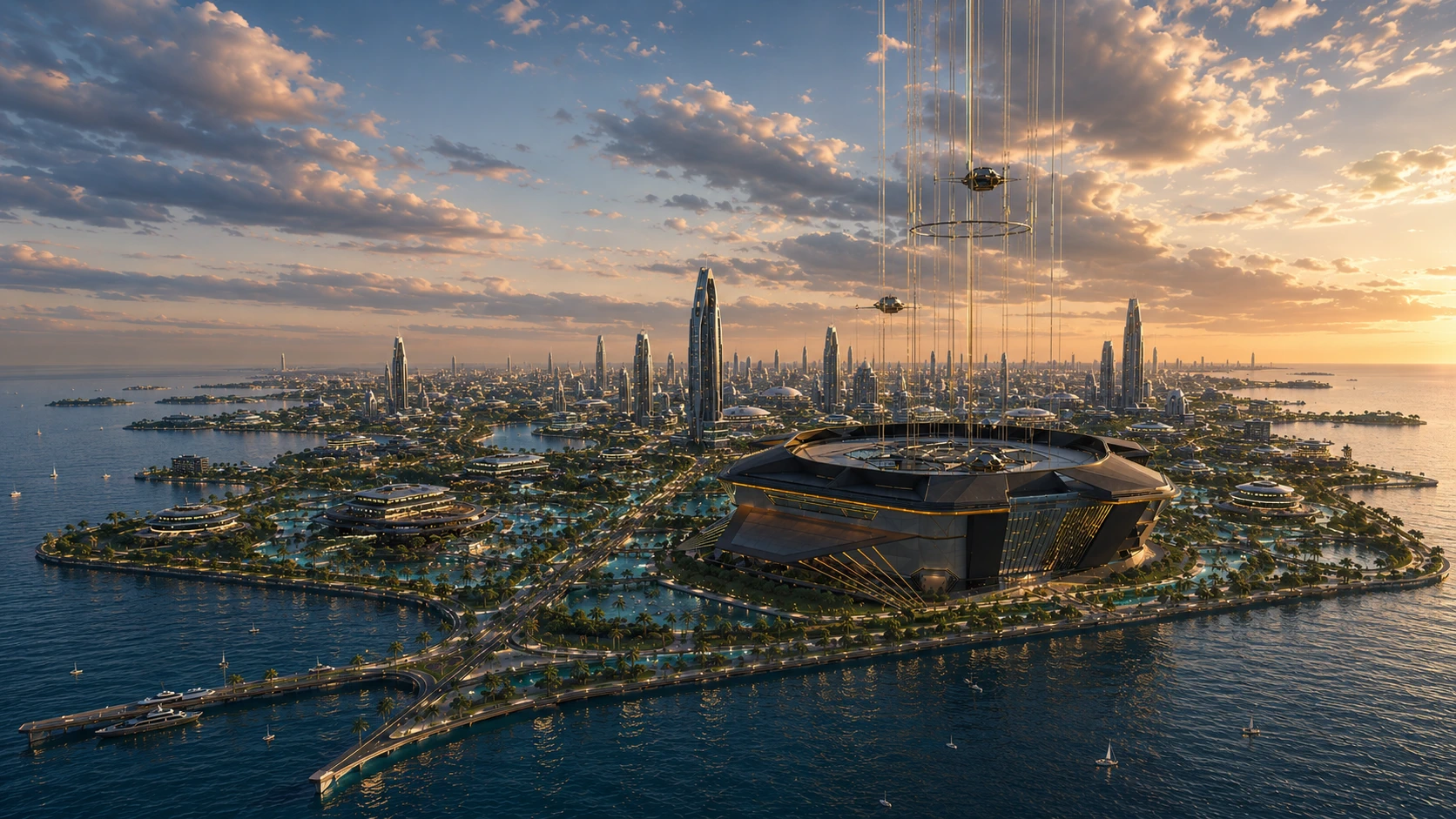 New Atlantis artificial island city and space elevator