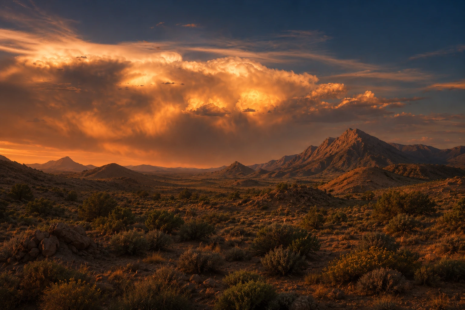 Red desert world with mountains and a glowing sun