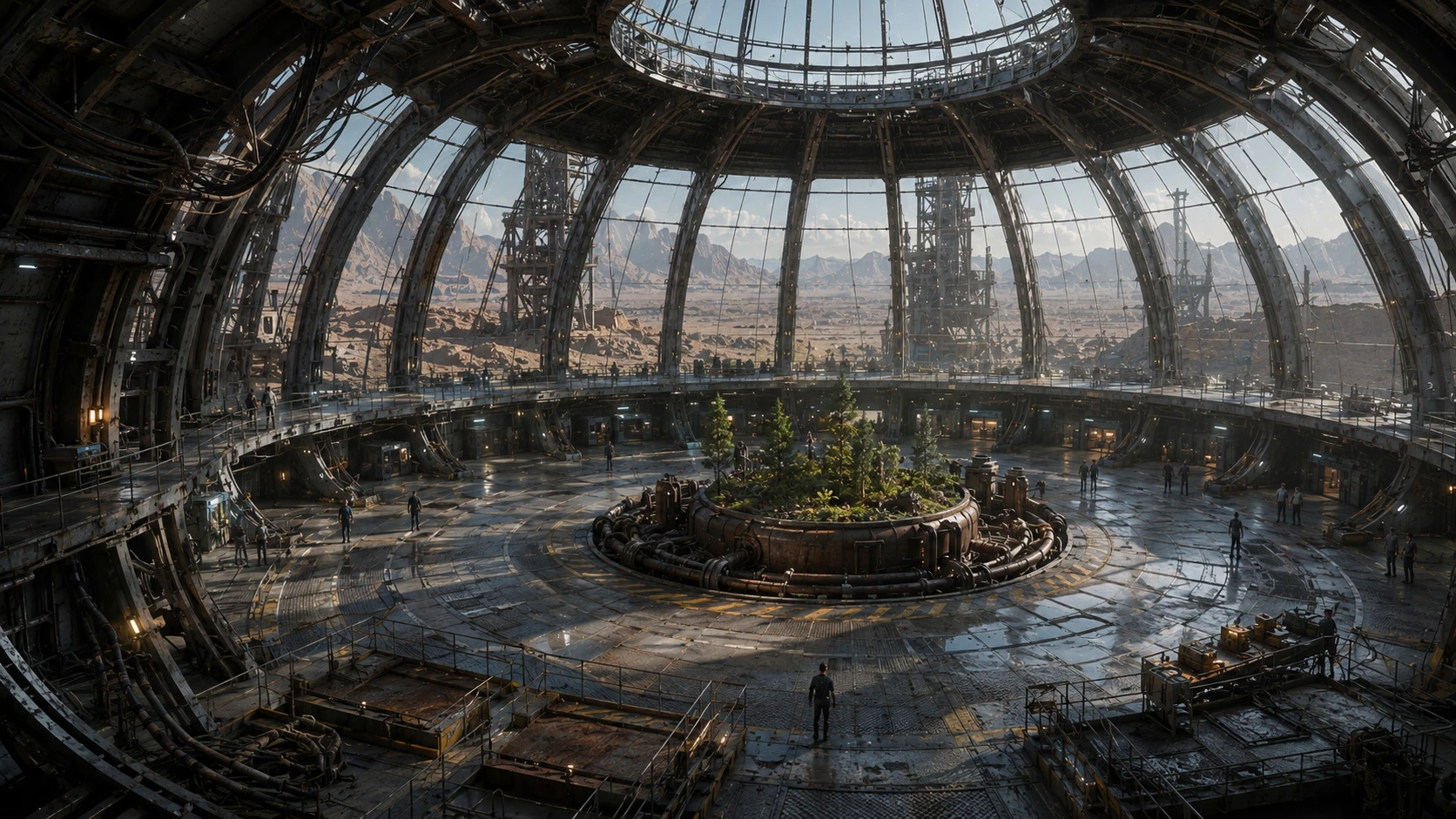 Industrial dome habitat in a barren desert world
