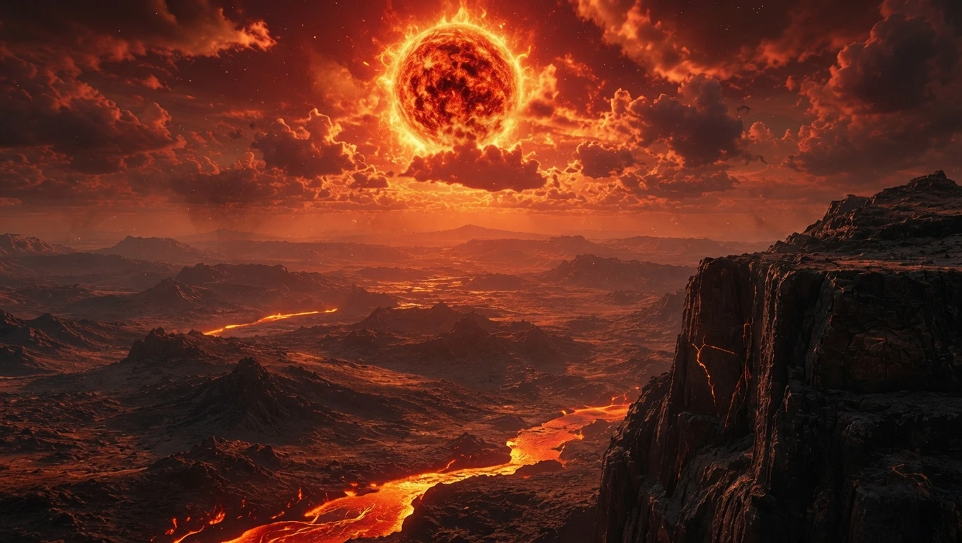 Scorched planetary landscape beneath a huge red giant star