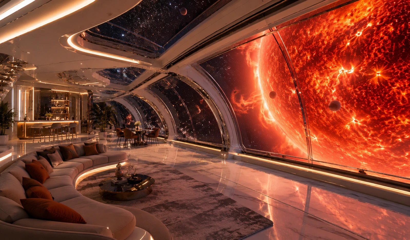 Luxury orbital habitat looking out toward a huge red giant star