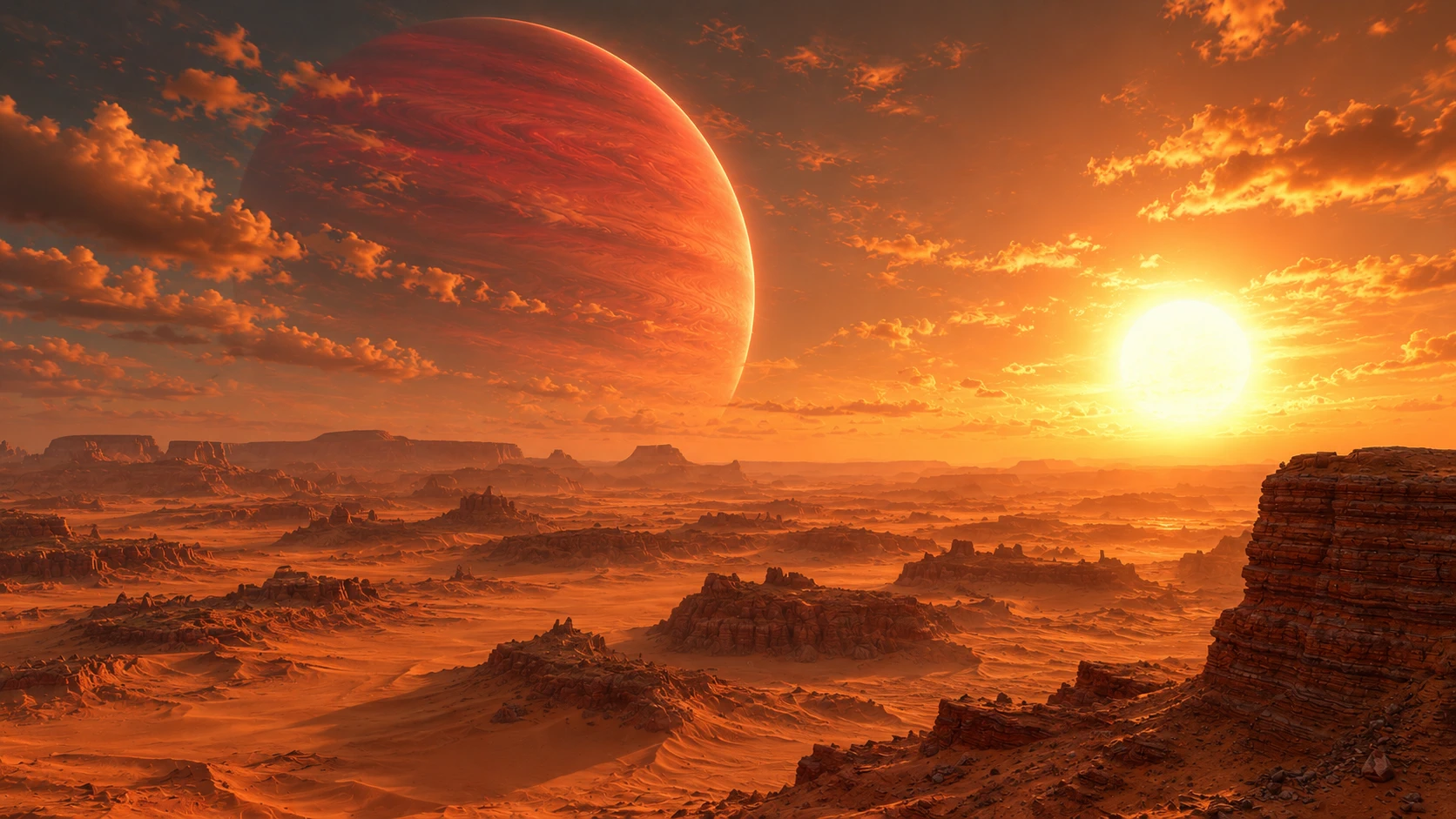 Huge red giant over a desert horizon