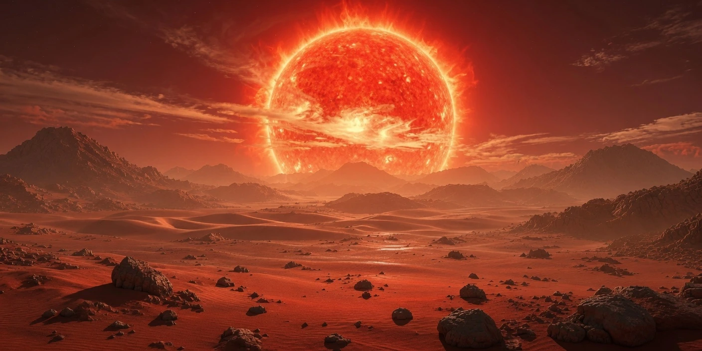 Lava-scarred world beneath an enormous red giant
